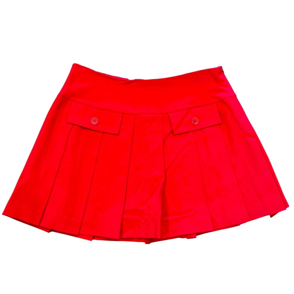 Trina Turk Red Pleated Mini Skirt Front Flap Pockets Size 4 Preppy Side Zip